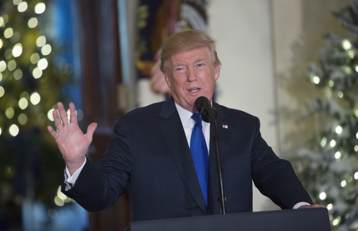 Photograph of President Donald Trump speaking at a White House event