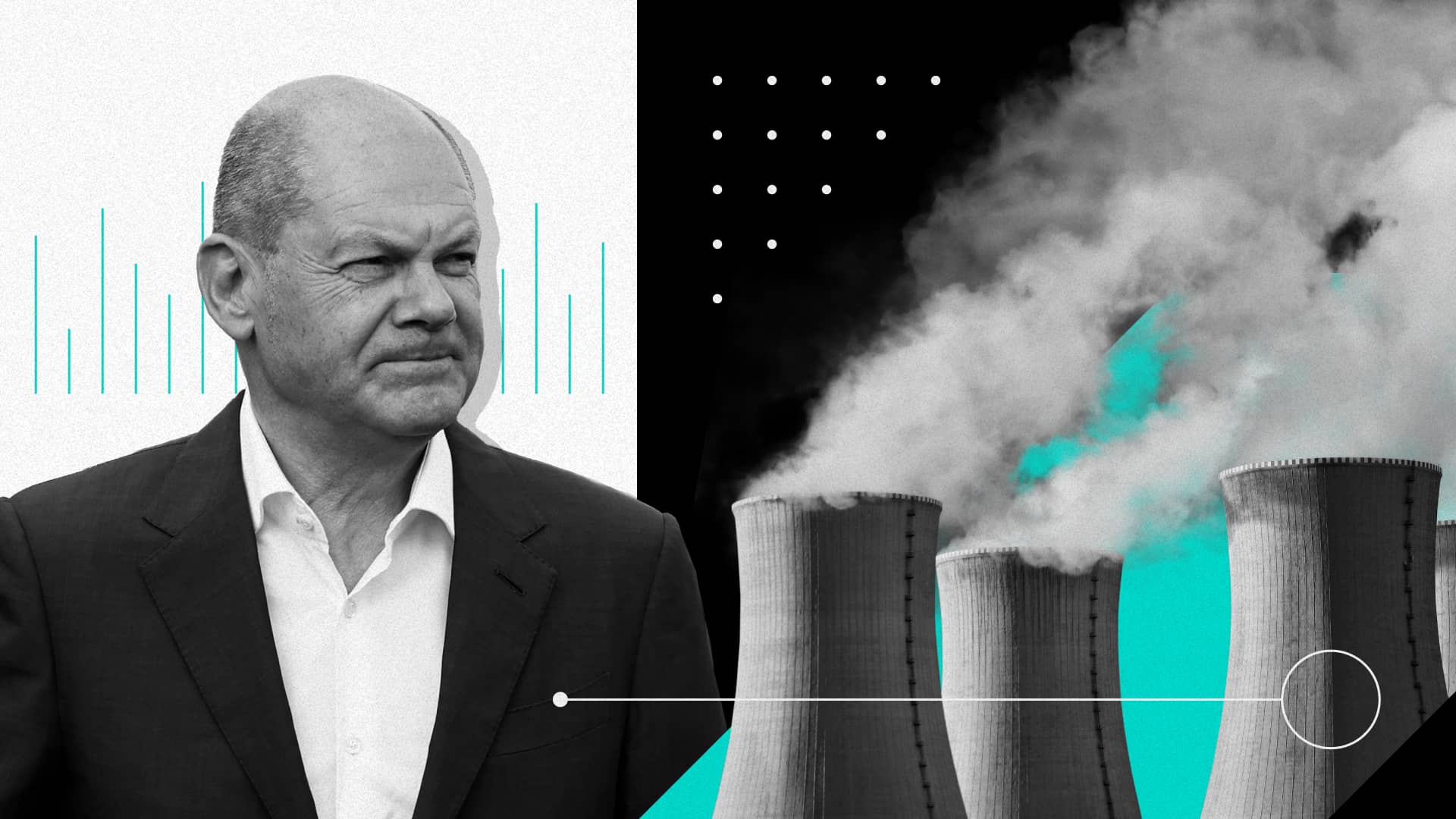 Graphic picturing German chancellor Olaf Scholz and nuclear energy production