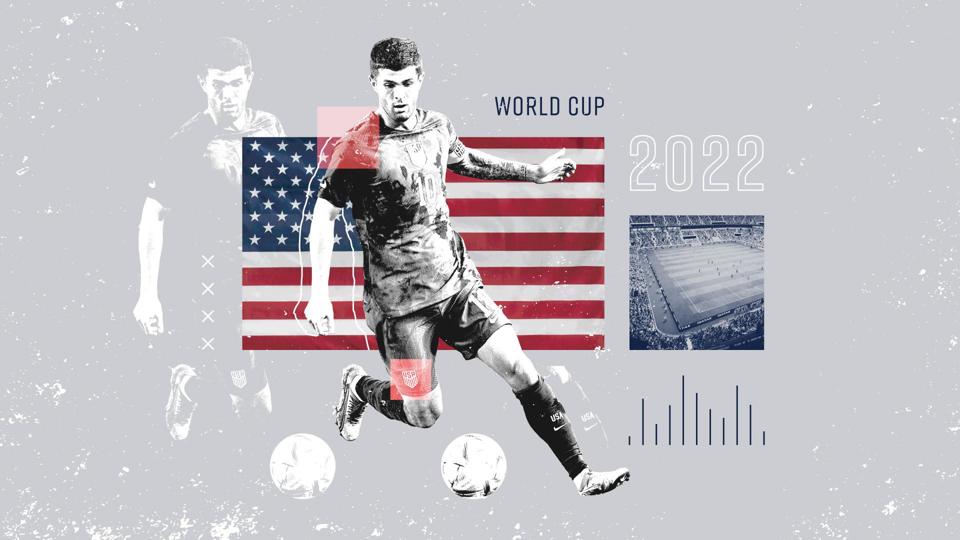 Graphic including an image of Christian Pulisic from the U.S. men's national team ahead of the World Cup