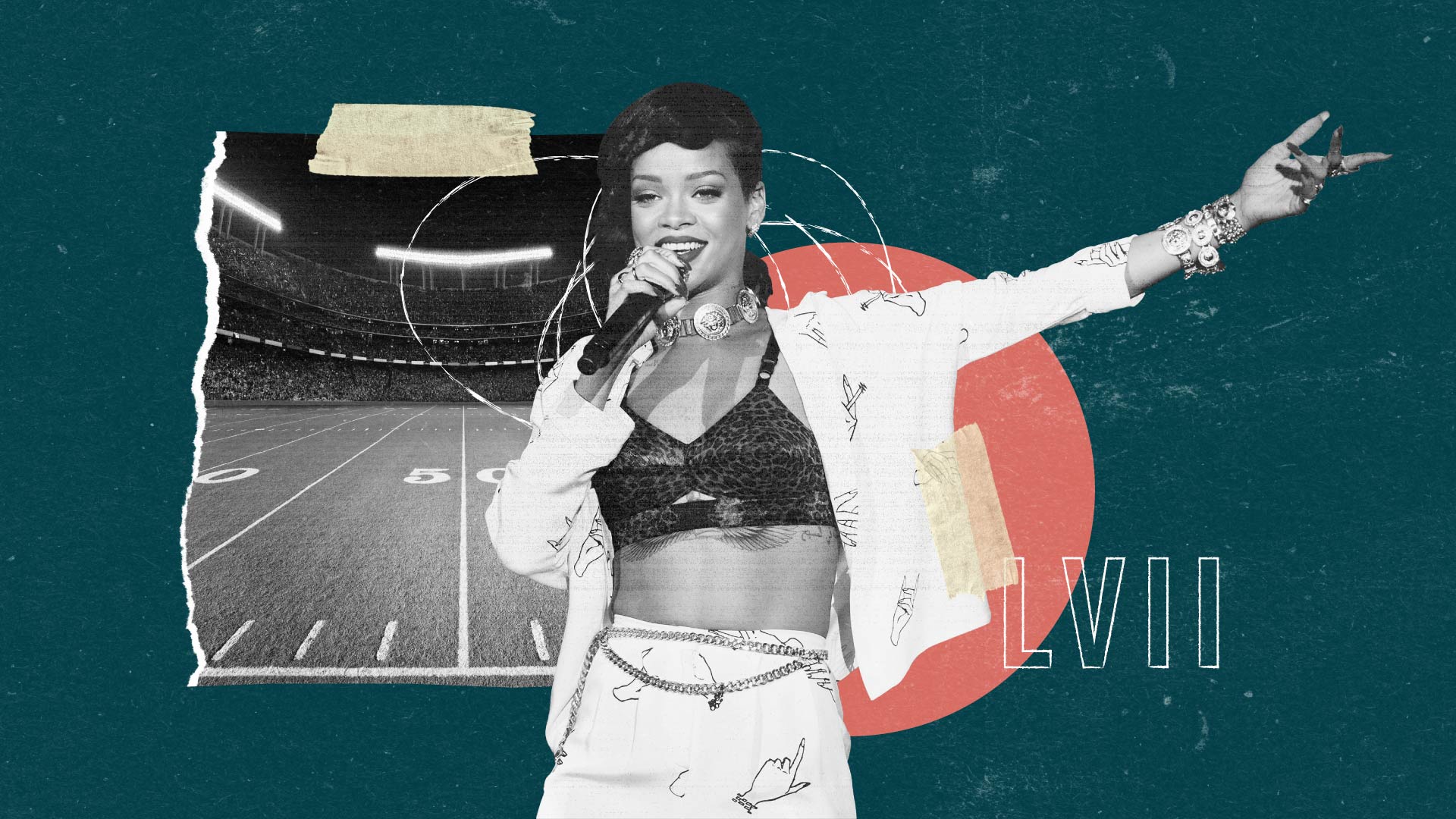Graphic conveying Rihanna's halftime show at Super Bowl LVII