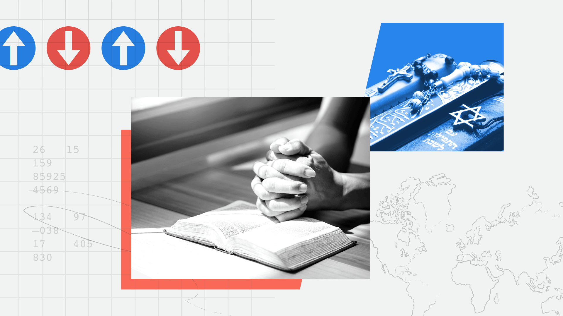 Graphic depicting religious texts and symbols, hands in prayer