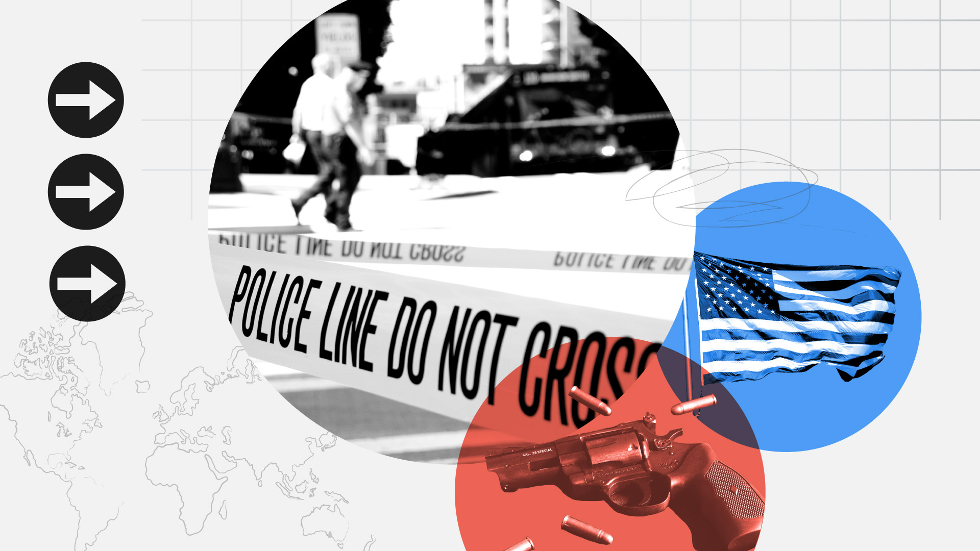 Graphic featuring images of crime scene tape, gun, American flag